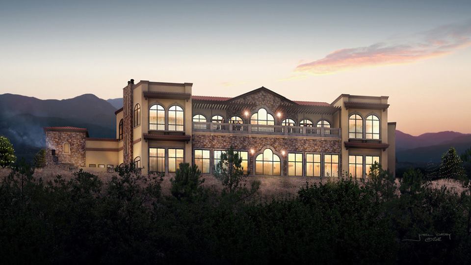 The Pinery on the Hill at dusk, Front Range mountains behind